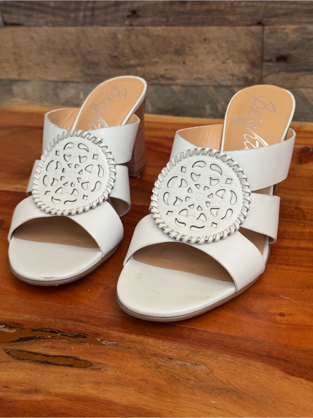 Brighton Romana White Leather Laser Cut Block Heel Slide Mules Size 10M